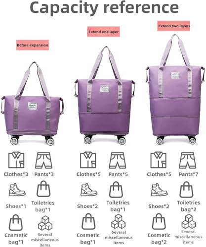Rolling Duffle Bag with Wheels, Expandable Foldable Travel Duffel Bag, Lightweight Carry-On Luggage for Gym, Camping, Weekend Trips, Business Travel (Light purple)2