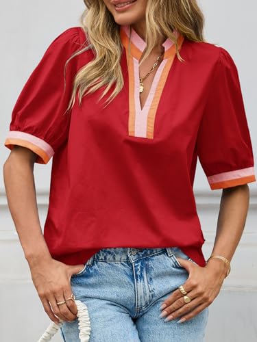 Tankaneo Womens Color Block Puff Sleeve Tops Dressy Casual V Neck Cotton Blouses Summer Loose Fit Tees Shirts Red — view 4
