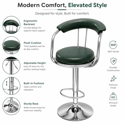 Image of Kemon Modern Adjustable Swivel Bar Stool Chair with Backrest, PU Leather Hydraulic Counter Stool with Footrest for Kitchen Island, Cafe & Home Bar (1, Green, Round Barrel Stool)