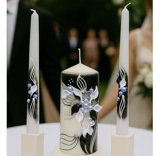 Magik Life Unity Candle Set for Wedding - Wedding décor & Wedding Accessories - Candle Sets - 6 Inch Pillar and 2 10 Inch Tapers - Best Unity Candle- Black