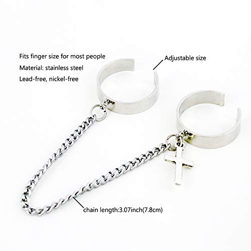 Rings For Men With Chain Cross Adjustable Open Goth Kpop Punk Trendy Mens Double Finger Ring Jewelry For Teens #TOP3