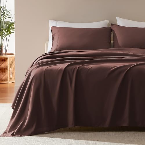 SLEEP ZONE Nanotex Super Soft Cooling Queen Bed Sheets Set 4 Piece - Easy Care Fitted Flat Sheet & Pillowcase Sets - Wrinkle Free, Fade Resistant, Deep Pocket 16" (Brown, Queen)