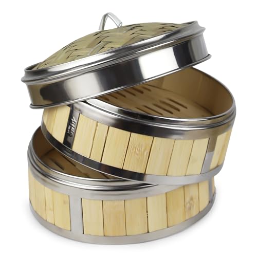 WENLISELL Bamboo Steamer 8 Inch, 2 Tier Bamboo Food Steamer Basket with Lid, 20cm Metal Rings Dumpling Steamers for Bao Buns, Dim Sum, Meat, Fish