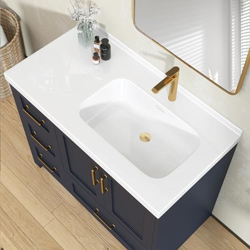 42 x 22 White Vanity Top with Sink Solid Surface Bathroom Vanity Top with Right Offset Sink Integrated Basin Backsplash and Overflow in Glossy Pure White Cabinet Not Included