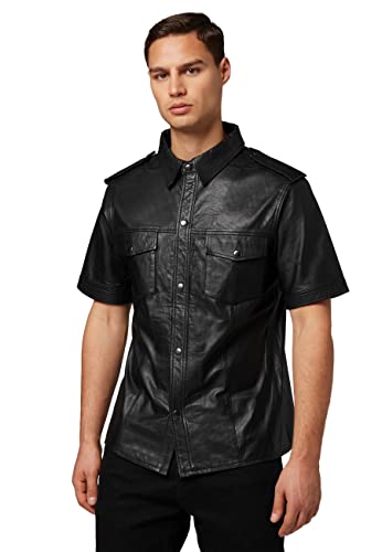 RICANO Mens Shirt SS, Herren Lederhemd, Lamm Nappa Echtleder (schwarz) (XL)