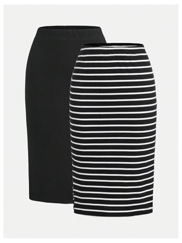 SOLY HUX Women's Plus Size Skirt 2 Piece Striped High Waisted Split Bodycon Pencil Midi Skirts2