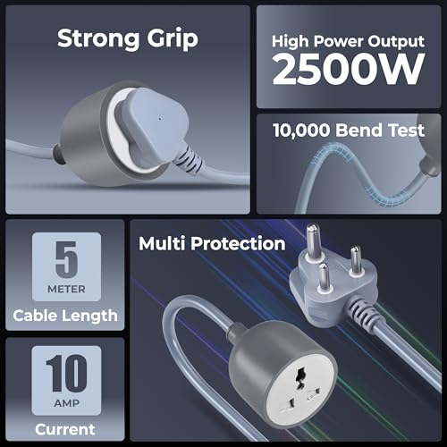 Image of FOXIN 5m Long 10AWG Heavy Duty Male to Female Power Extension Cord for Indoor & Outdoor, 2500W High Power Output, 3-Pin Plug, Power Cord Wire Extender Power Cable for appliances, Electronics & Home