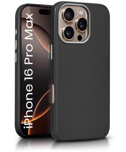 Image of WOW IMAGINE Back Cover for iPhone 16 Pro Max | Shockproof Tough Leather Texture Hard Mobile Case | Ultra Slim Non-Slip Grip | Inner Velvet Fabric | Metal Camera Ring - Black