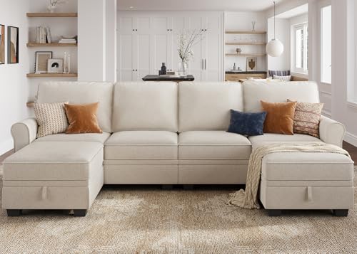 HONBAY Convertible Sectional Sofa with Storage U Shaped Sectional Couch with Reversible Chaise Small Sectional Couches for Living Room,Beige