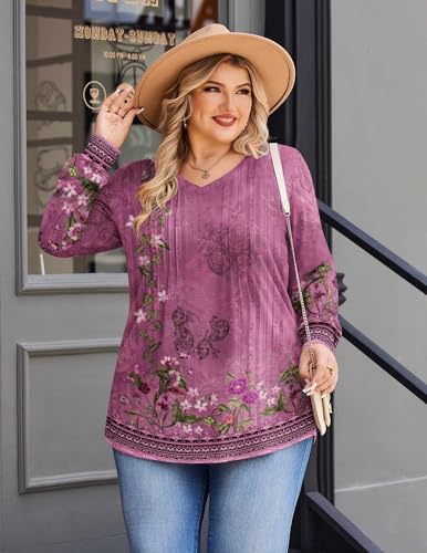Image of IN'VOLAND Womens Plus Size Shirts V Neck Puff Long Sleeve Tops