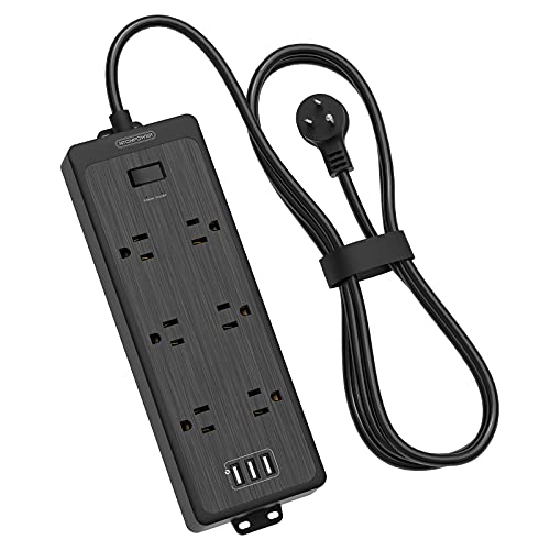 Surge Protector Power Strip with USB, NTONPOWER Flat Plug Power Strip with 10ft Long Extension Cord, 6 Widely Spaced AC Outlet, 15A Circuit Breaker, Wall Mountable for Home Office Accessories-Black