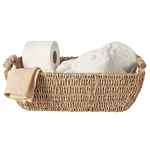 Artera Shallow Wicker Storage Basket - Large Woven Seagrass Baskets with Wooden Handles for Bathroom, Kitchen Pantry Organizing, Perfect as Drawers, 16.9” x 13” x 6” (1, L)