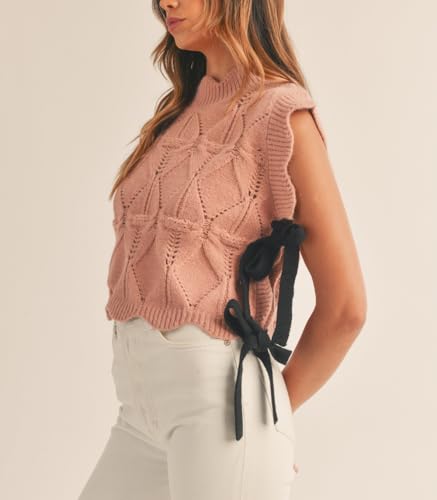 Image of Women Side Tie Sweater Vest Scallop Trim Mock Neck Knit Vest Bow Lace Up Ribbon Sweater Tank Top Knitwear