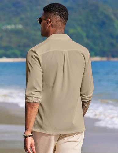 Image of DEELMO Mens Casual Button Down Shirt Summer Beach Shirts Long Sleeve Cuban Collared Tropical Textured Shirts