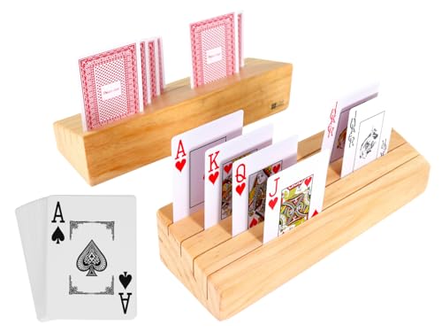 Wooden Playing Card Holder Set & Deck of Cards - Versatile Card Stand & Rack for Kids, Adults, Seniors - Ideal for Bridge, Canasta, Samba - Durable Wood Board for Organized, Hands-Free Play CLEAR HUKU