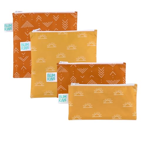 Bumkins Reusable Sandwich and Snack Bags, for Kids Lunch Bags and for Adults, Washable Fabric, Cloth Zip Bag, Dishwasher-Safe, Food-Safe, Safety Tested (4-Pack)