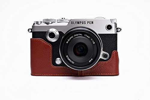 Handmade Genuine Real Leather Full Camera Case Bag Cover For Olympus Pen-F Pen F Bottom Open Brown Color #TOP4