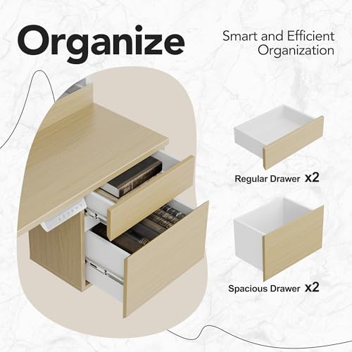 Image of HUANUO Electric Standing Desk with 6 Drawers, 55 Inch Height Adjustable Stand Up Desk with Storage, Computer Workstation Compatible with Monitor Stand for Home Office, Light Walnut