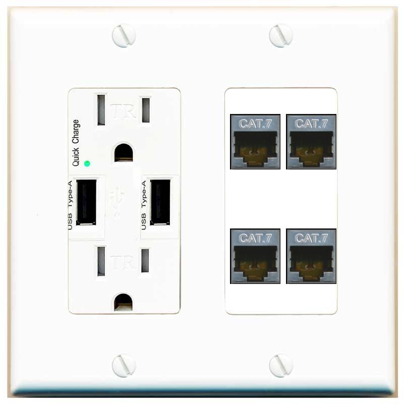 RiteAV 4 Port Cat7 Shielded Ethernet Wall Plate - USB Outlet [Black/Black]