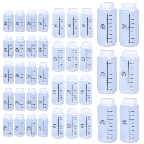 Multi-Size PP Lab Reagent Bottles Set with Scales-Wide Mouth Chemical Plastic Resistant Storage Containers, Airtight Leakproof Graduated Sample Bottles for Laboratory Liquids(20x8oz,12x17oz,6x34oz)