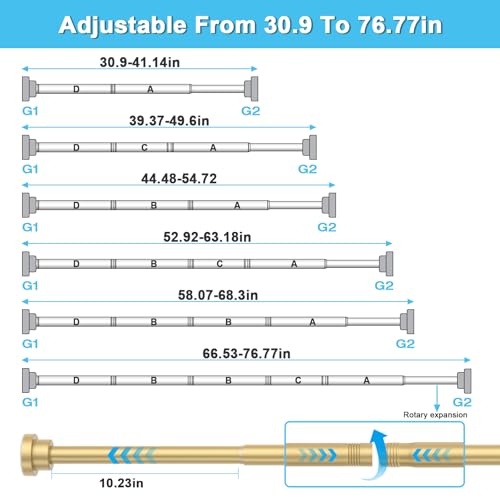Image of Gold Shower Curtain Rod 30 To 76 Inch(2.6-6.4ft) Tension Curtains Rods No Drilling Shower Rods For Bathroom Tension Rods Adjustable Spring Loaded Curtain Rods 7 /8 inch Diameter