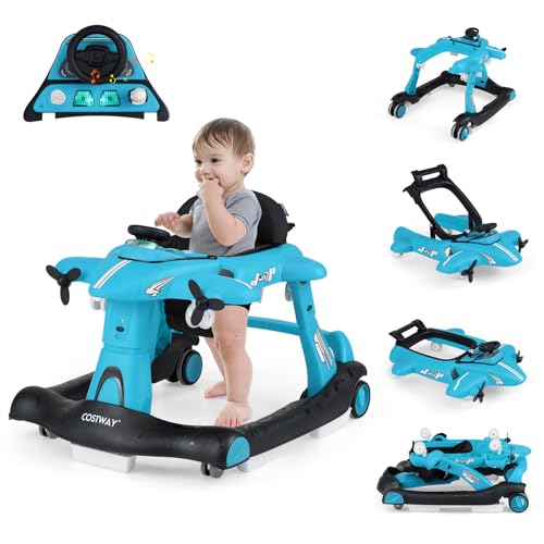 COSTWAY 6 in 1 Lauflernhilfe Lauflernwagen klappbar mit verstellbarer Höhe & Geschwindigkeit Baby Walker Flugzeugmotiv mit abnehmbarer Spieluhr & Esstablett Gehfrei Baby ab 6 Monaten (Blau)