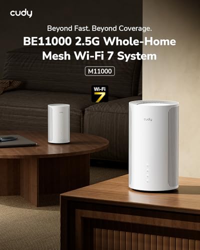 Cudy Tri-Band WiFi 7 BE11000 Whole Home Mesh System, 6-Stream 10 Gbps, 4 × 2.5G Ports, MU-MIMO, Multi-VPN, Cudy APP, Smart Internal Antennas, M11000 2-Pack