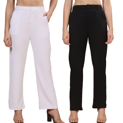 Image of Pack of 2 Women's Regular Fit Solid Cotton Blend Trousers - Soft, Breathable & Stretchable Bottom Wear for Office, Casual Outings & Daily Comfort