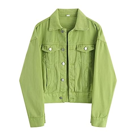 GNEHSL Women'S Multicolor Denim Jacket - Classic Candy Color Boyfriend Style Cowboy Coats,Slim Trucker Short Transition Outerwear,Concise Utility Lapel All-Match Tops,Green,L Cover