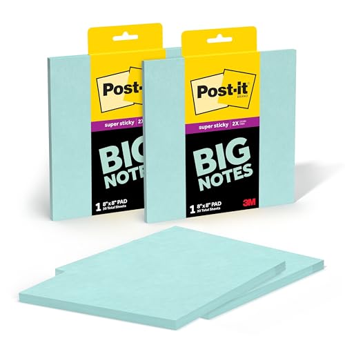 Post-it Super Sticky Big Notes 8 in. x 8 in. Extra Large Sticky Notes in Fresh Mint 2 Pads 60 Sheets Total Great for Vision Boards Creative Projects Study Spaces Group Brainstorming and More