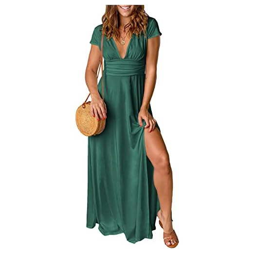 QUNERY Robe Longue Femme Ete Robe de Plage Manches Courtes Robe D'été Casual col en V Taille Haute Robe Cocktail Demoiselle d'honneur Mariage Fête Aniversaire Vert M