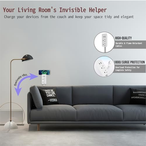 Extensión eléctrica PULOSYI con 2 tomas, puertos USB-A y USB-C, cable retráctil de 22 a 27 pulgadas y enchufe rotativo 180° miniatura 4