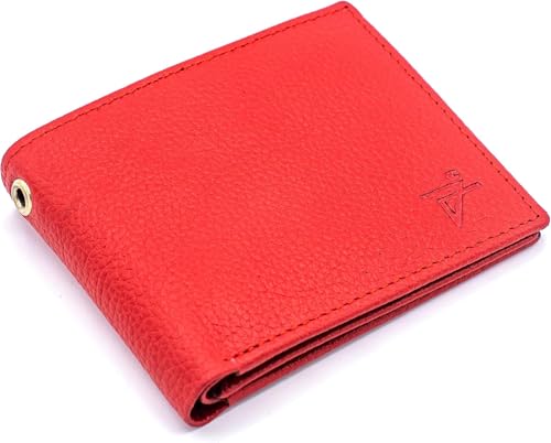 J T C JUZAR TAPAL COLLECTION Genuine Leather RFID Blocking Bifold Wallet for Men, Stylish Bifold, Flip-up Window ID Eyelet Hole for Biker Chain (J521BF, Red)3
