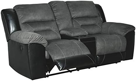 Signature Design by Ashley Earhart Faux Leather Manual Double Reclining Loveseat with Storage Console, Gray & Black