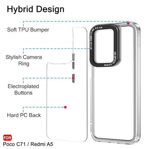 Image of TheGiftKart Hybrid Shockproof Back Cover Case for Poco C71 / Redmi A5 | Stylish Camera Border | Electroplated Buttons | Crystal Clear Hard Back Cover Case (TPU & PC, Transparent Bumper)