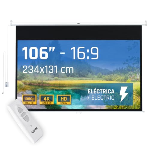 iggual Pantalla Proyección 106" Pulgadas Eléctrica Enrollable -Panorámica 16:9 -Caída Ajustable -Mando Distancia e Interruptor Aux- Apto Pared/Techo -Compatible 4k y Cualquier Proyector (234x131 cm)