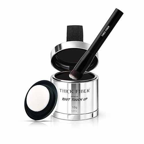 Image of THICK FIBER Root Touch Up (Large, 10g) & Hairline Powder - Covers Grey Roots & Thin Hair - Water & Sweat Resistant with Precise Brush - Hair Concealer for Roots, Bald Spots & Hair Fill-In (Black)