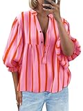 Tankaneo Womens Puff Sleeve Babydoll Tops Summer V Neck Striped Blouse Cute Casual Loose Fit Flowy Shirts Pink