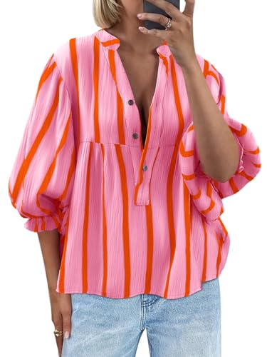 Tankaneo Womens Puff Sleeve Babydoll Tops Summer V Neck Striped Blouse Cute Casual Loose Fit Flowy Shirts