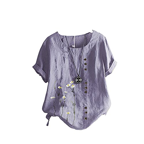 Janepam Women T-Shirt Tops Plus Size Linen Flower Floral Daisy Grass Graphic Pattern Print Short Sleeve Loose Button Decor Shirt Tee Blouse(M Purple,4XL)