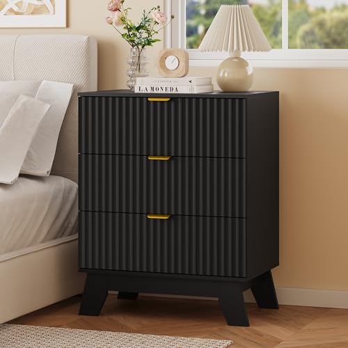 Image of Fluted Nightstand with 3 Large Drawers, Wooden Side End Table with Elevated Legs for Easy Cleaning, Sturdy Modern Beside Table for Small Space, Bedroom, Black, 24 inch L