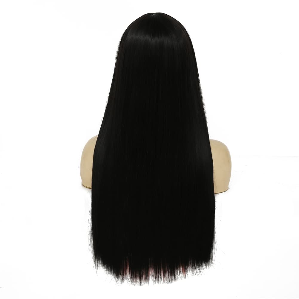 Black Mix Pink Wigs with Bangs for Women Long Straight Synthetic Hair Looking Daily Party Cosplay Wig Use(Black Pink)