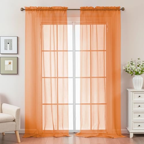 Image of Orange Sheer Curtains 96 Inches Long, Privacy Semi Sheer Curtains for Living Room Bedroom, Light Filtering Rod Pocket Voile Window Drapes 2 Panels Set, Each 42 inch W x 96 inch L