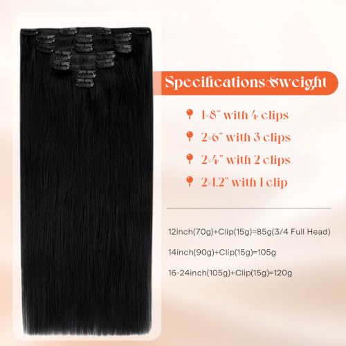 Image of Sunny Hair Clip in Hair Extensions Real Human Hair Jet Black 14 Inch | Remy Human Hair Clip in Extensions for Women 105g Natural Short-to-Mid Length Volume Boost, Easy Clip ins for Quick Styling