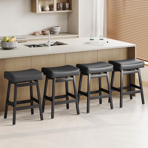 Butacos de Barra de 26 Pulgadas, Juego de 4 Unidades, Sin Espaldar, Asiento Acolchado en Cuero Sintético PU, para Isla de Cocina y Encimera, Color Negro miniatura 1