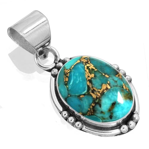 Image of Jeweloporium Copper Blue Turquoise Silver Plated Necklace, .925 Silver Pendant for Women, Chunky Oval Stone Boho Jewellery
