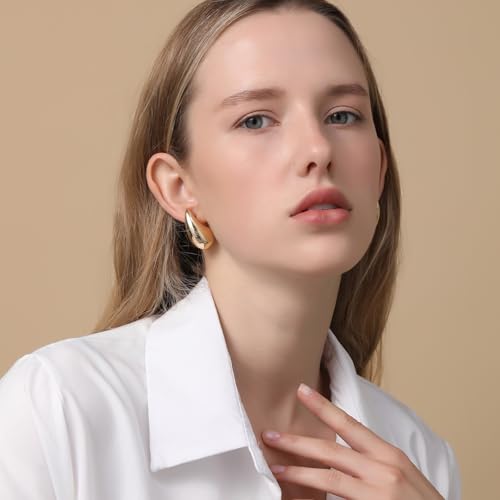 Apsvo Chunky Gold Hoop Earrings for Women, Dupes Earrings Lightweight Waterdrop Hollow Open Hoops, Hypoallergenic Gold Plated Earrings Fashion Jewelry2