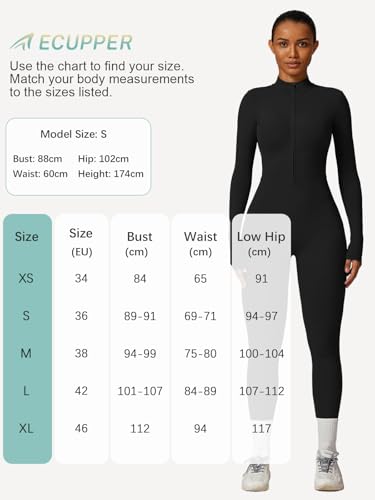 Ecupper Jumpsuits Damen Yoga Bodycon Einteiler Zip Up Overall Rompers Langärmelig Workout Outfit Schwarz S