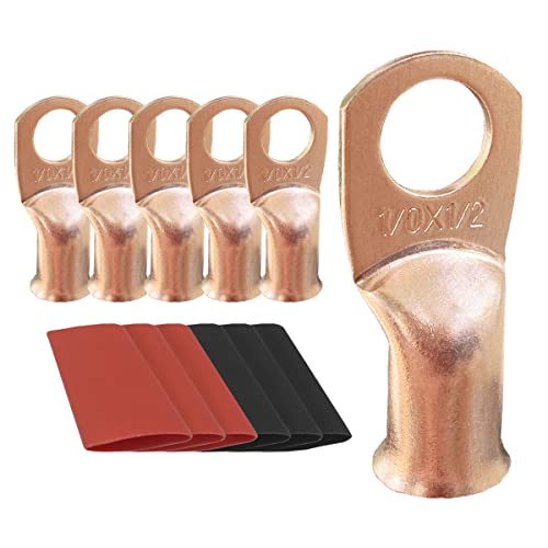 10pcs 1/0 AWG-1/2 Ring Battery Lugs, Copper Lugs, Battery Cable Ends, Tubular Ring Terminals, Crimp Wire Ring Lugs, Battery Terminal Connectors with Heat Shrink Tubing (10, 1/0 Awg - 1/2" (M12) Ring)