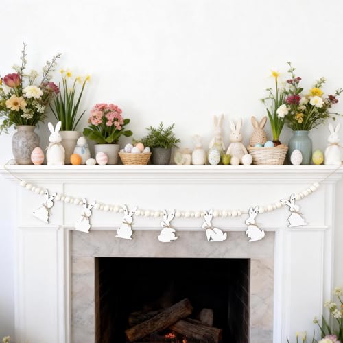 Betoom Easter Bunny Bead Garlands 6.56ft Wooden Rabbit Banner Hanging Mantle Garland Easter Garland Banner Rustic Farmhouse Bunny Banne for Fireplace Wall Shelf Indoor Outdoor Home Party Supplies